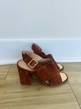 Women's Suede Block Heel Sandals in Rust Brown